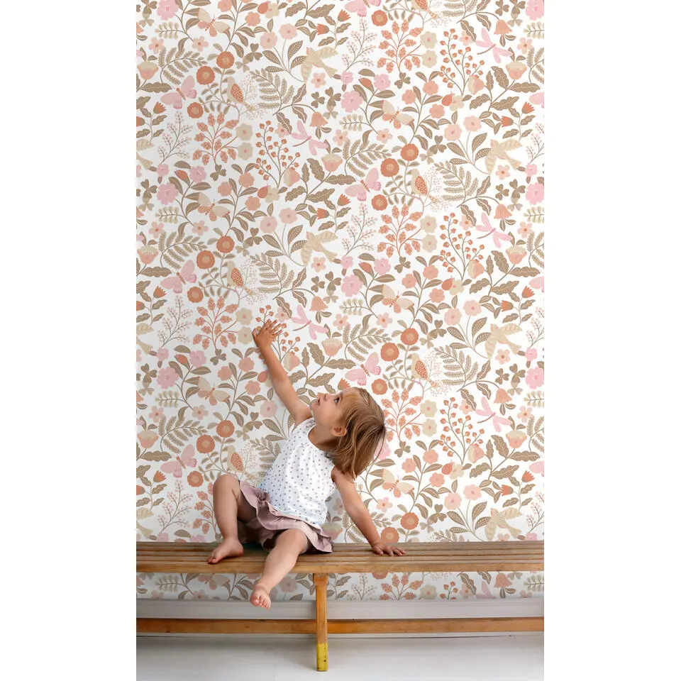 ESTAhome behang bloemen en vogels terracotta, taupe en roze - 53 cm x 10.05 m