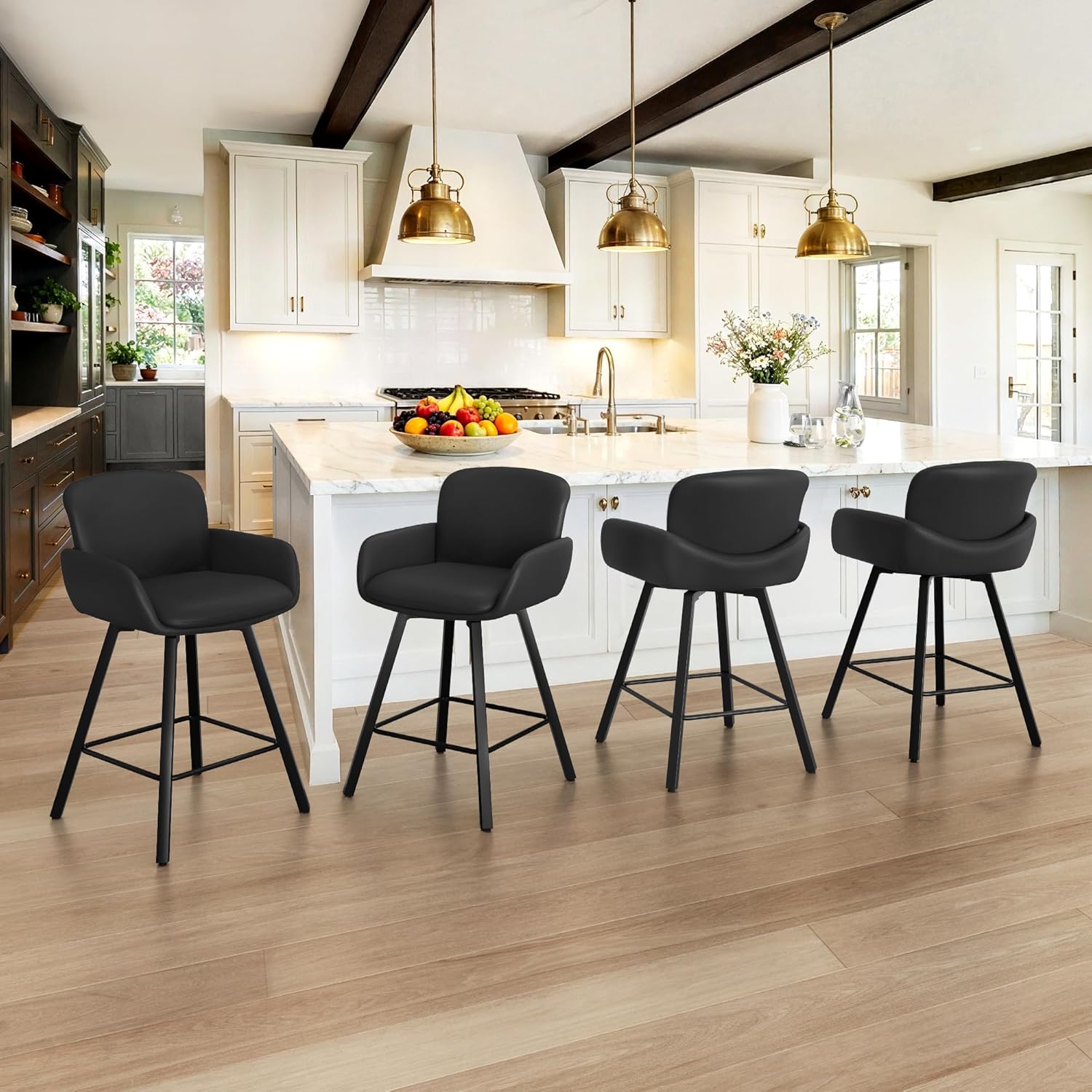 LUE BONA 26 Swivel Bar Stools Set of 4, Counter Height Bar Stools with Backrest and Arms, Modern Upholstered Barstools with Metal Legs for Kitchen Island, Black