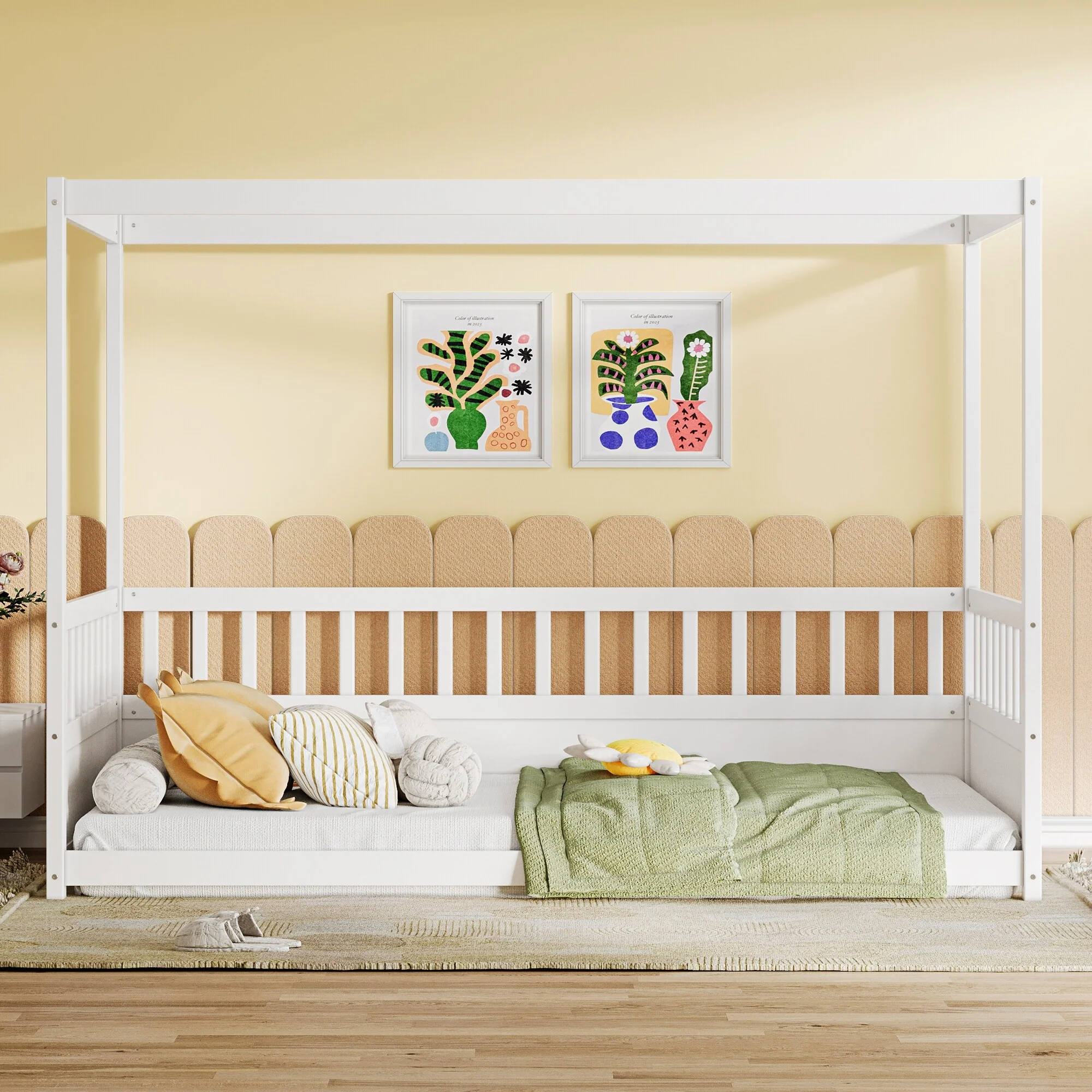 Full Size Montessori Canopy Floor Bed for Kids with Tall Safety Guardrails, Wooden Low Platform Bed Frame with Roof Structure