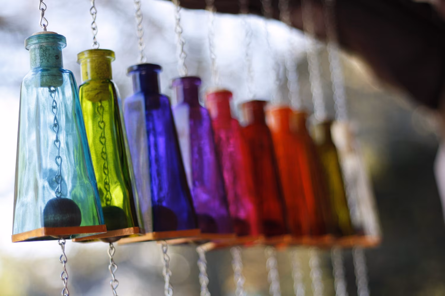Hand Cut Glass Wind Chime: Bright Pyramid Bottle, Copper Accent, Unique Garden Decor