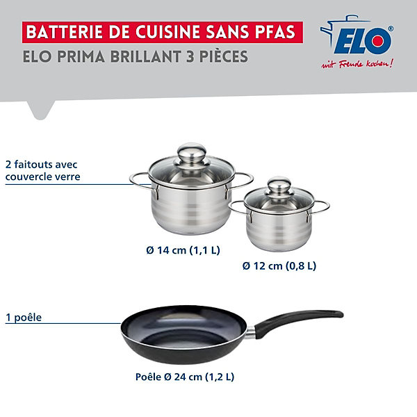 Ensemble de 1 Poêle de cuisson 24 cm et 2 faitouts 12 et 14 cm Elo Prima Brillant
