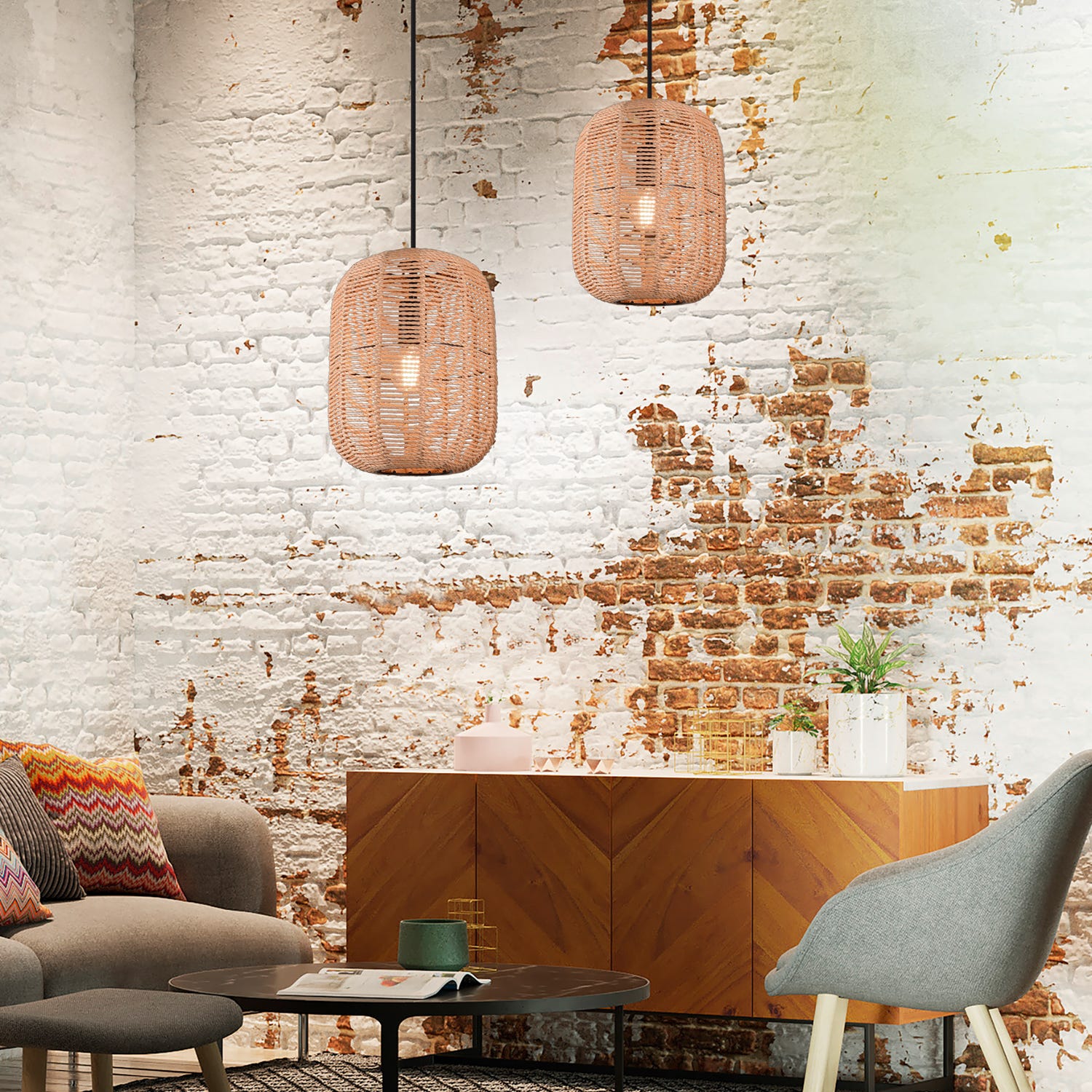 Lampadario in sisal naturale Runa Trio