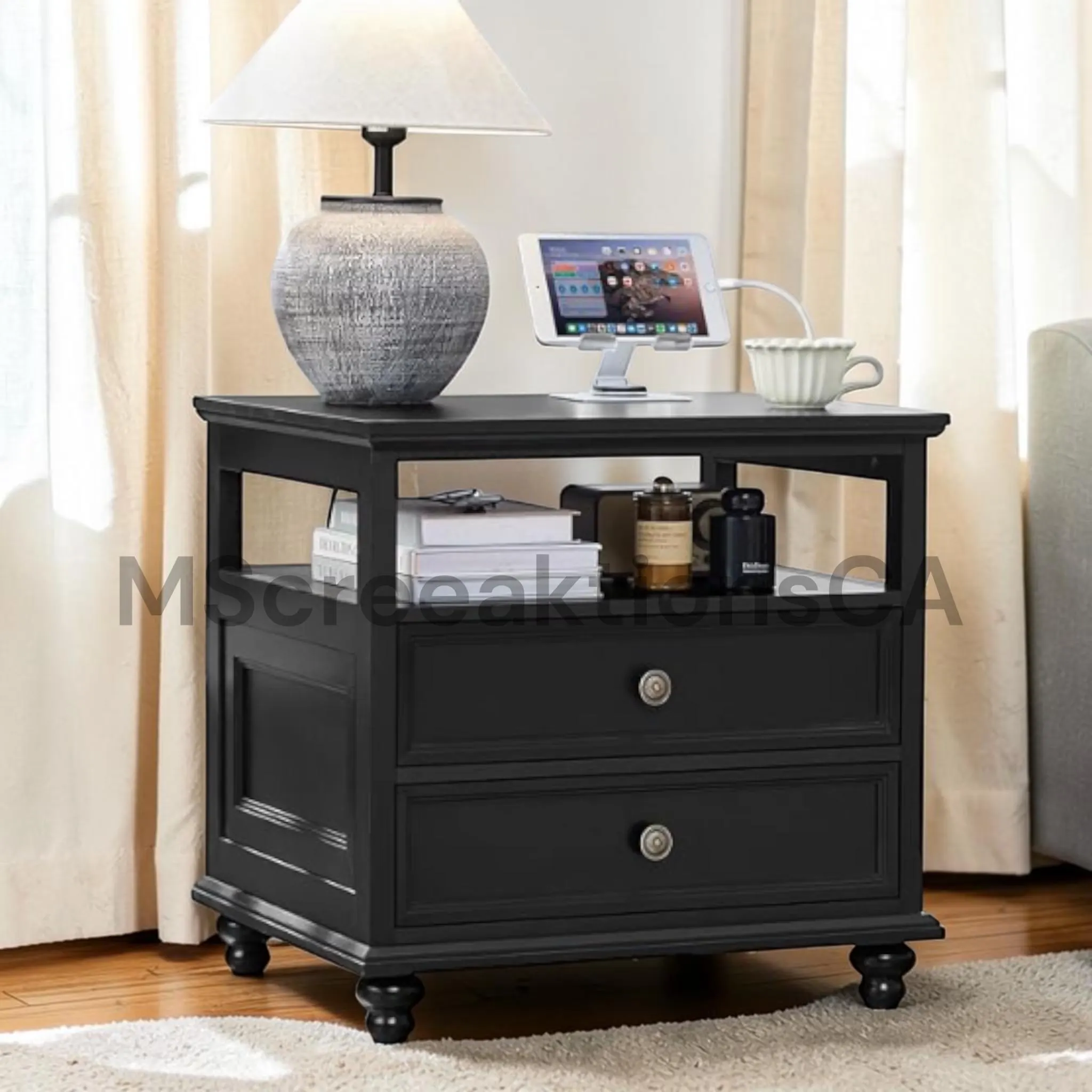 Farmhouse Nightstand with Charging Station, 24 Inch Blue Bedside Table 2 Drawers Wood End Table Cabinet for Bedroom Living Room
