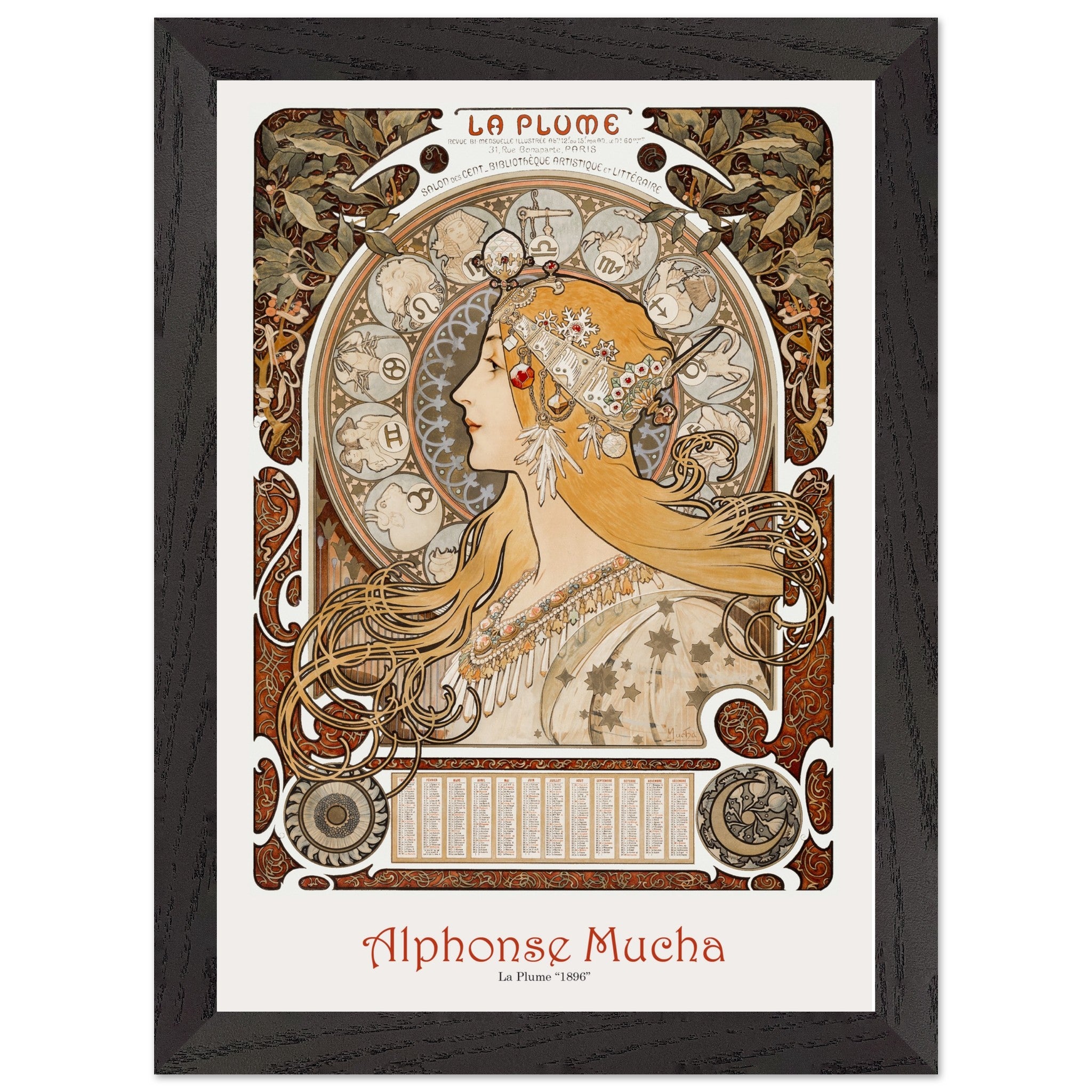 Artfulprints Poster met Lijst Alphonse Mucha - La plume  - A4 21x29.7 cm - Bruin