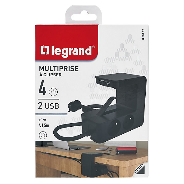 Multiprise 4 prises   2 USB-A Legrand noir 1.5 m