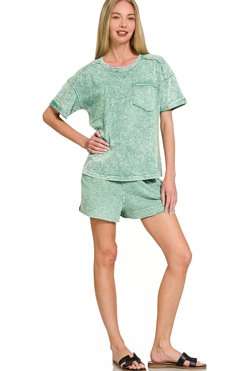 Halo Snow Washed Exposed Seam Top & Shorts Set
