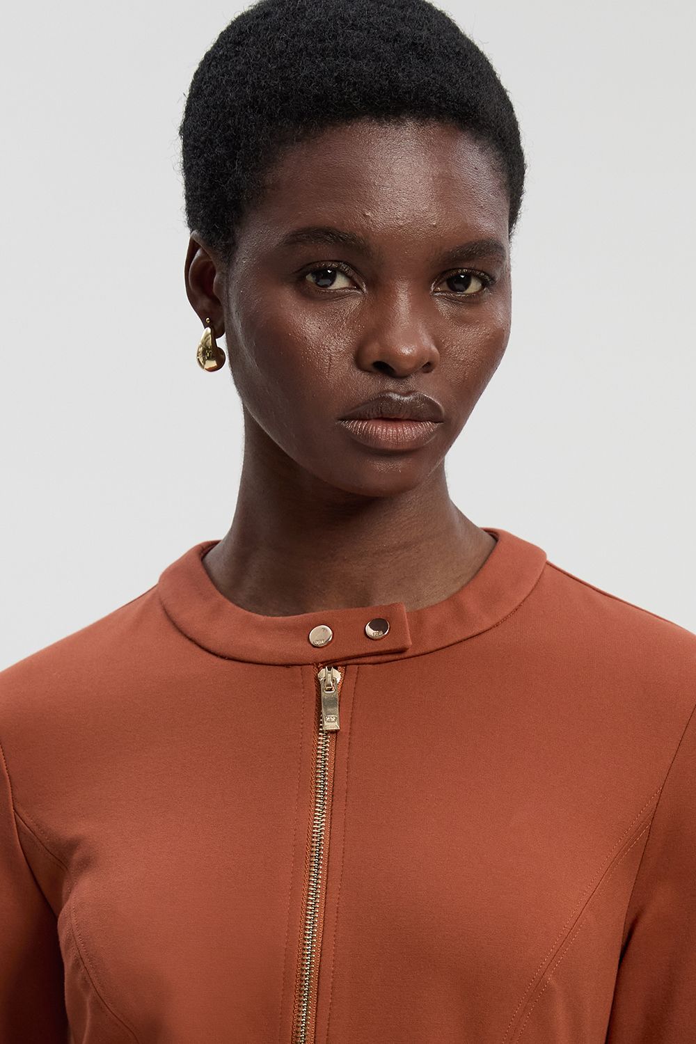 KarenMillen Ponte Zip Trim Detail Pleated Long Sleeve Mini Dress