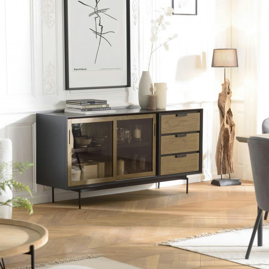 ALMA - Buffet 2 portes en verre fumé pieds métal noir