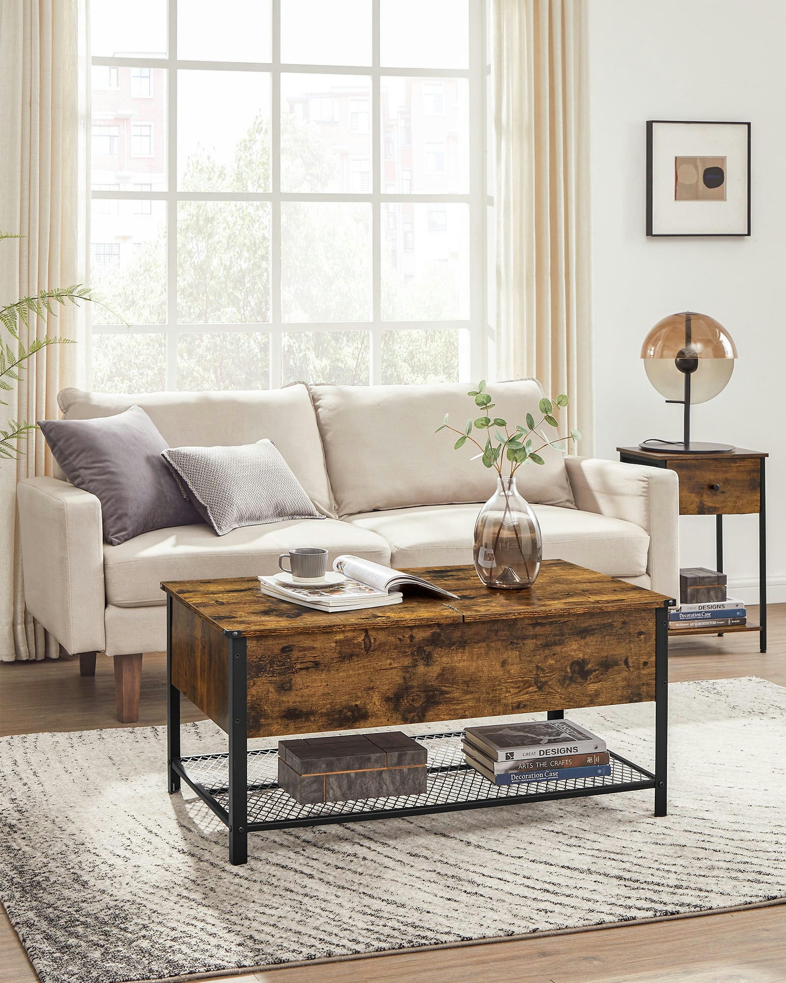 - Table basse avec plateau rabattable effet bois noir