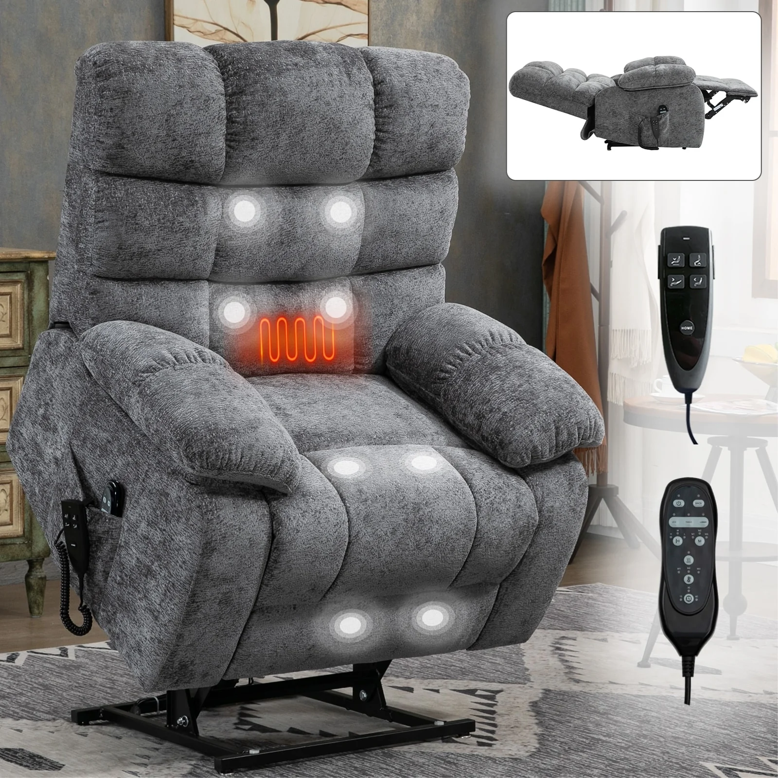 Oversized Dual Motor Power Lift Recliner with Massage, Lumbar Heat, Infinite Recline, and Tool-Free Assembly