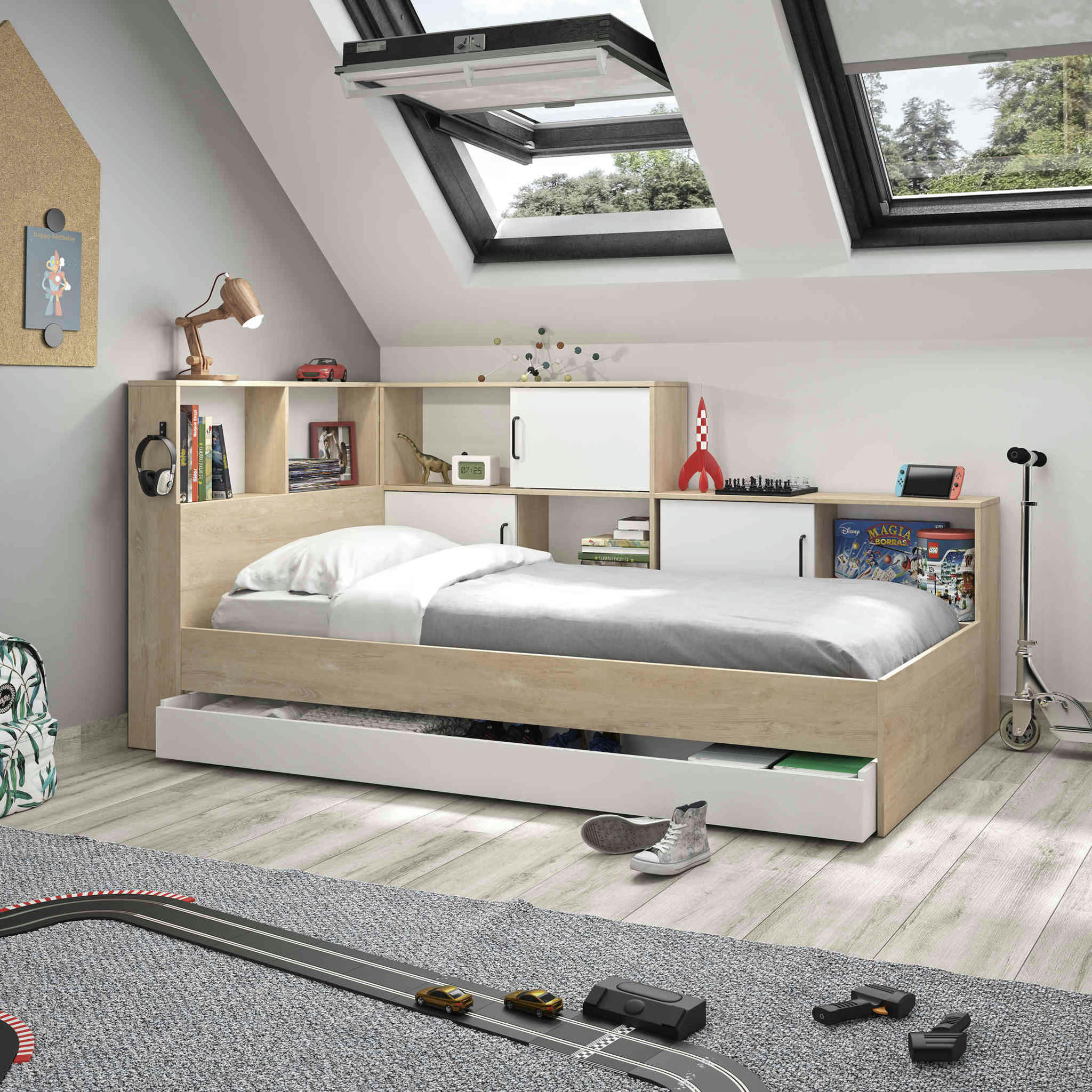 - Lit tiroir en bois avec rangements imitation châtaignier naturel 90x20