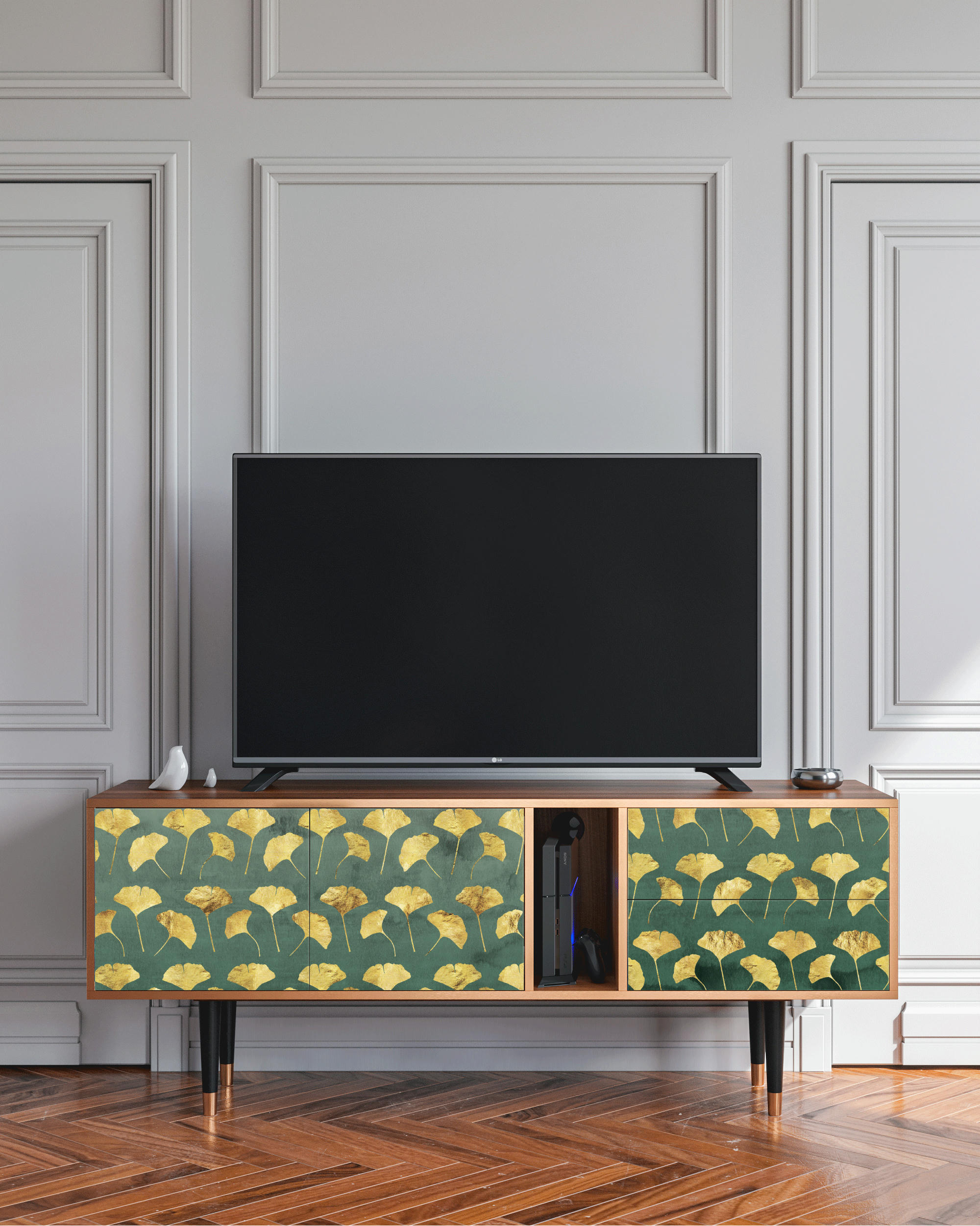 GINGKO LEAVES - Meuble TV  vert et jaune 2 tiroirs et 2 portes L 170 cm