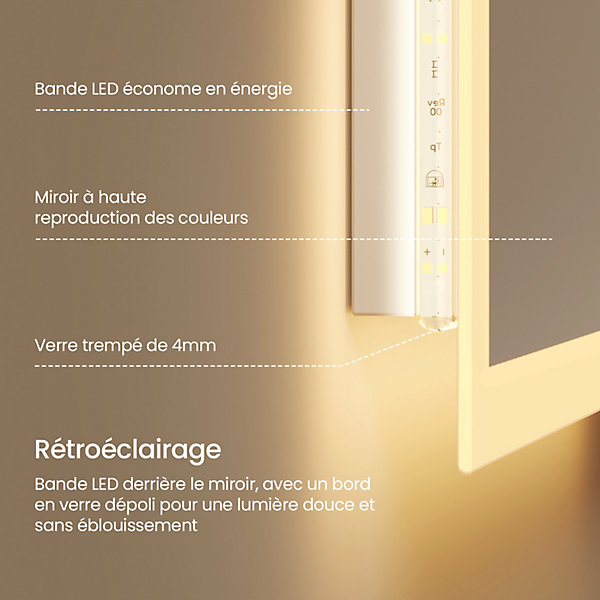 EMKE Miroir lumineux Salle de Bain 100x60cm, Lumière Blanche Chaude, Interrupteur mural