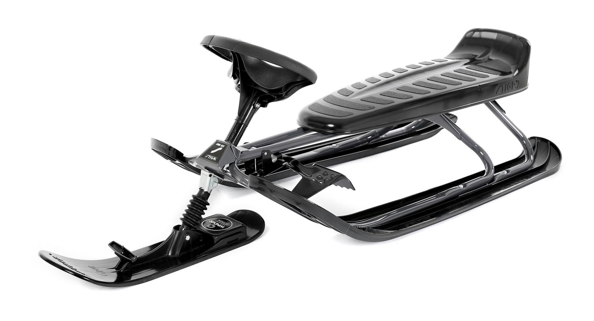 Stiga GT King Size Kids' 2-Person Winter Snow Racer Sled w/ Steering Wheel & Brakes, Black