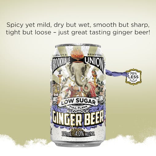 Brookvale Union Low Sugar Alcoholic Ginger Beer, Spicy & Smooth Finish, 4% ABV, 330mL (Case of 24 Cans)