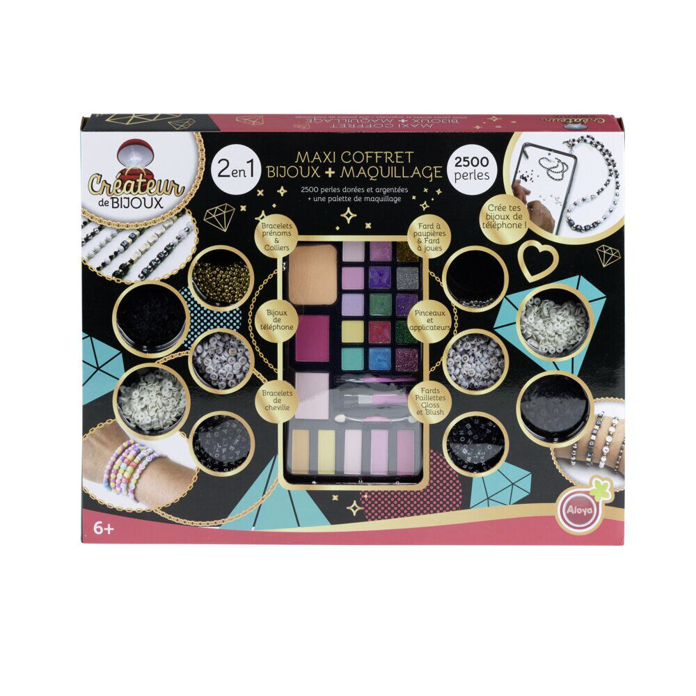 Coffret maxi 2en1 fabrique à bijoux perles et maquillage 36x47cm