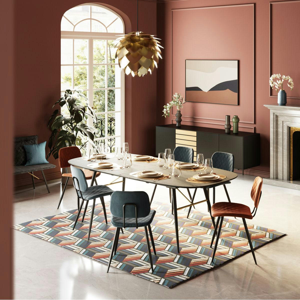 DIAGO - Tapis bleu motifs hexagonales en laine 230 x 160 cm