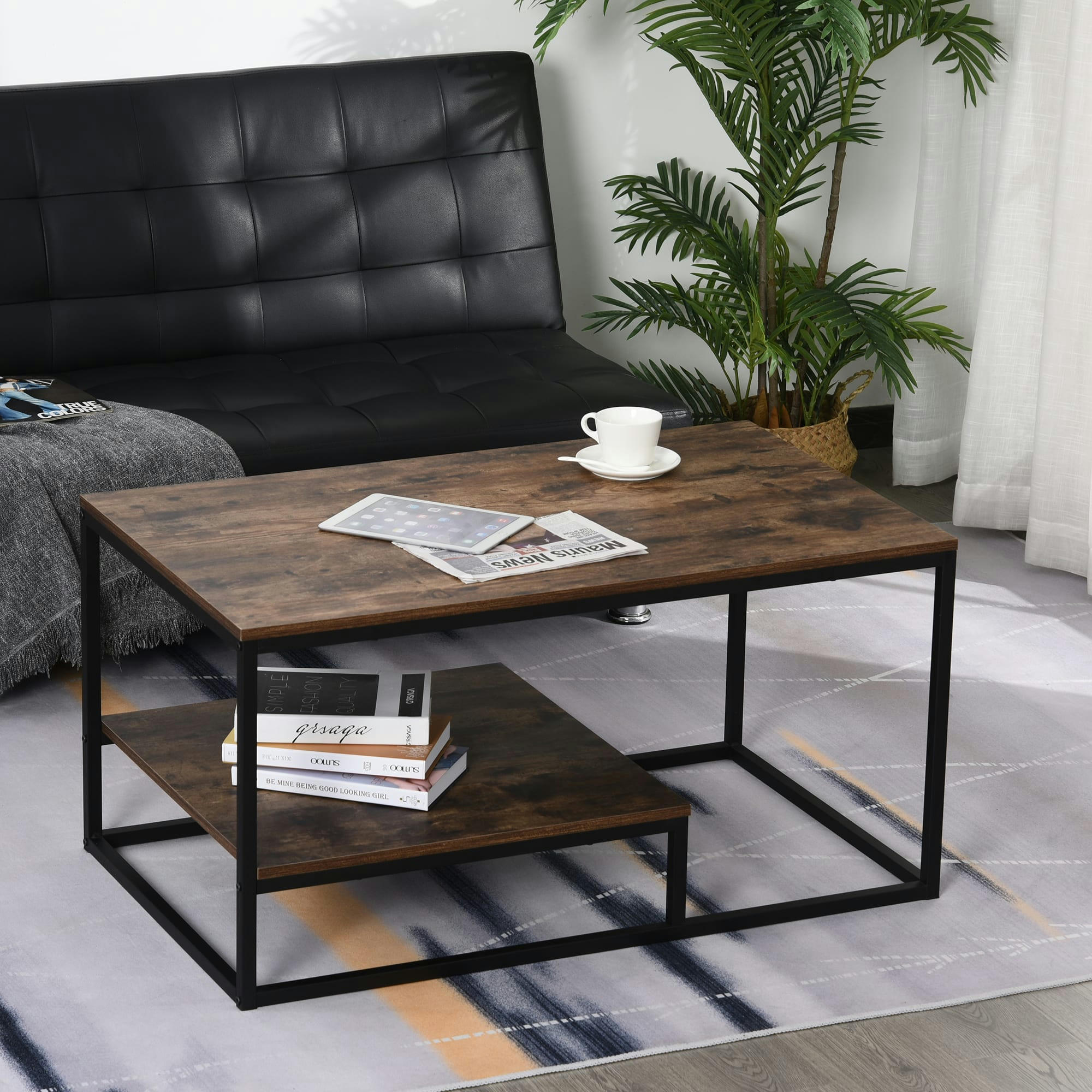 - Table basse en panneau brun avec veinage 2 niveaux