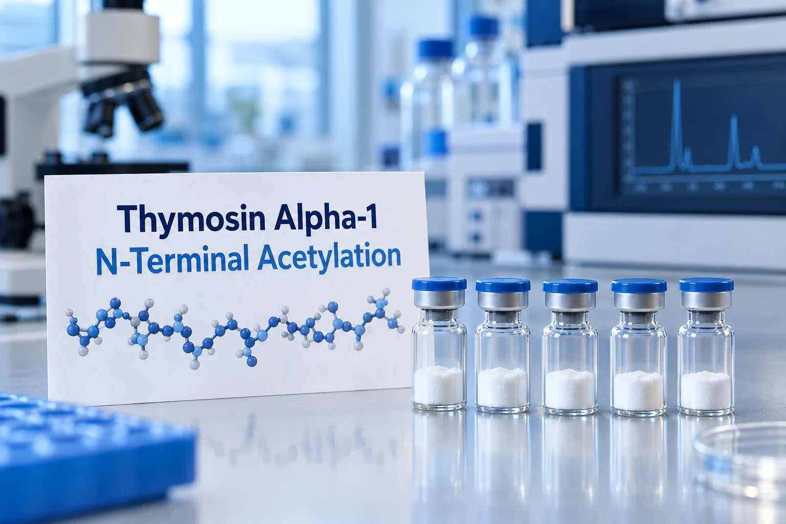 Editorial laboratory photograph with several peptide vials, a 28-residue sequence card, and N-terminal acetylation text.