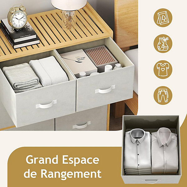 Commode Chambre en Tissu à 3 Niveaux, 66 x 35 x 78,5CM, Commode avec 6 Tiroirs Pliables, avec Dessus en Bambou à Lattes