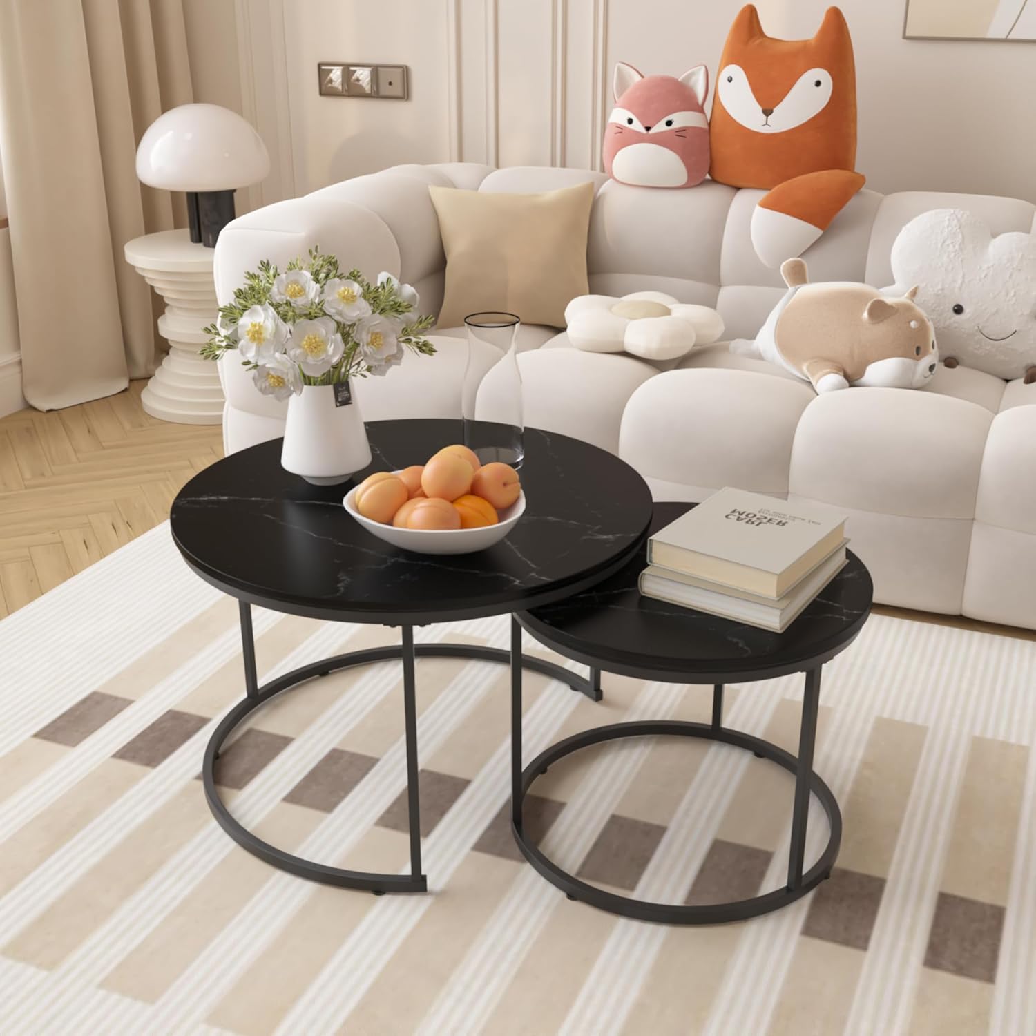 Nesting Coffee Table Set of 2, 27.6inch Round Coffee Table Wood Marble Pattern Top with Sturdy Metal Frame, End Table Side Tables for Living Room Bedroom Balcony Yard (Black),CFT2601
