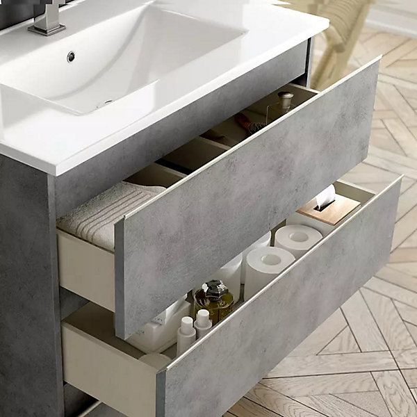 Meuble sous vasque seul, 2 tiroirs, 70cm, simple vasque - ciment (gris) - BALEA