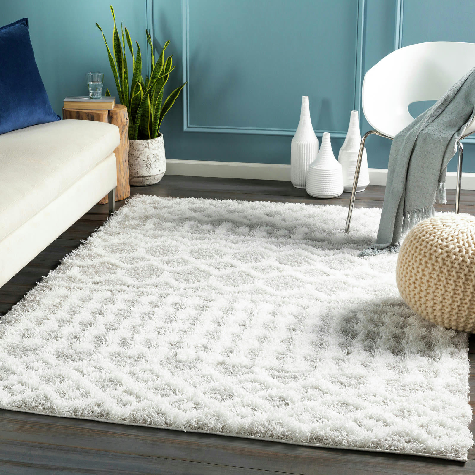 NOUR - Tapis Shaggy Bohème Blanc/Gris Clair 160x220