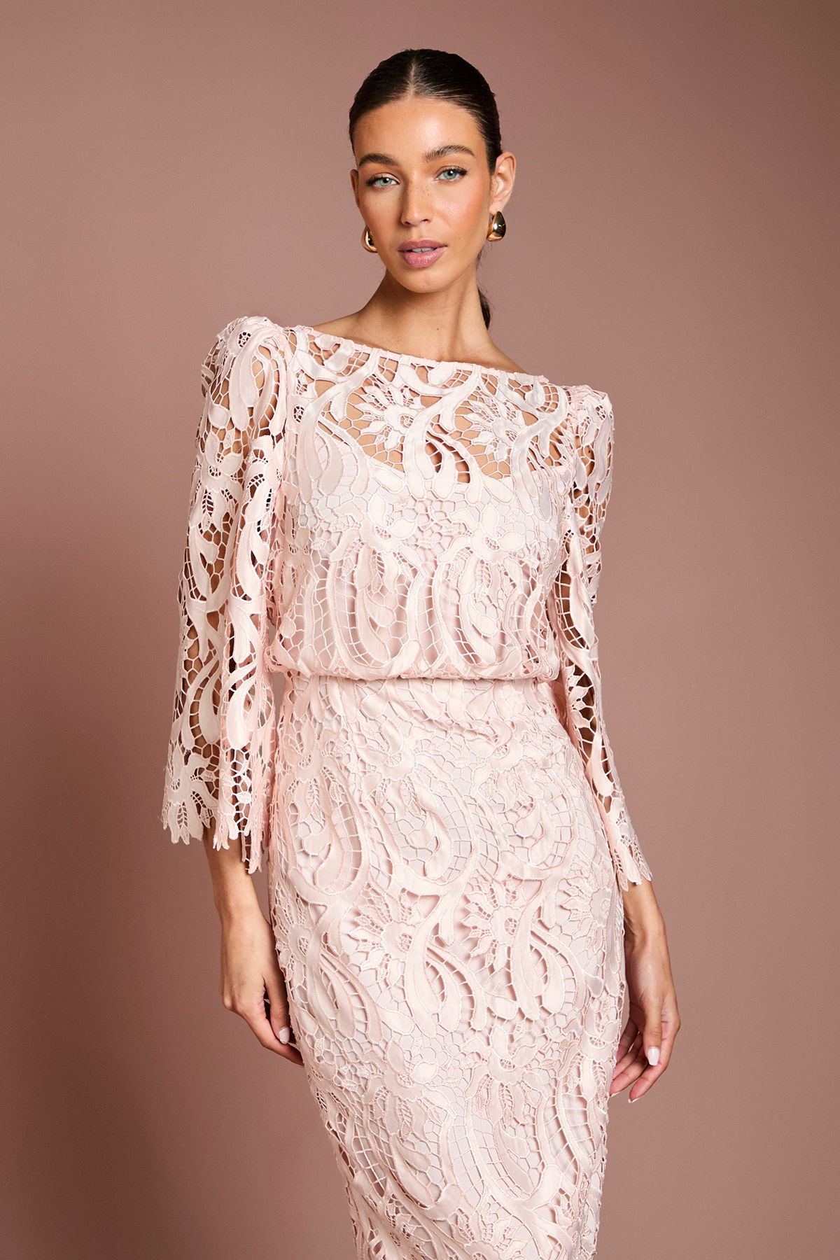 Coast Satin Lace Boat Neck Midi Dress With Fluted Sleeve