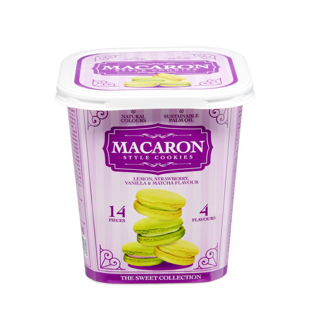 Biscuits macarons style cookies 4 parfums 14 pièces dans boÎte 88gr