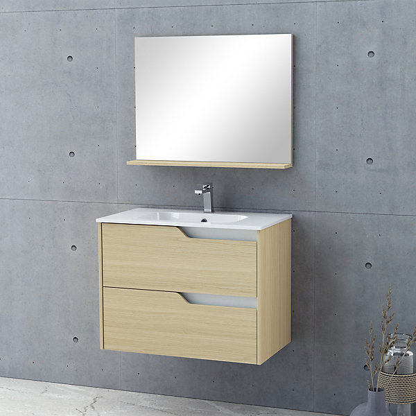 Ensemble meuble sous-vasque 2 tiroirs l. 80 cm   plan vasque   miroir, décor bois, Tolima