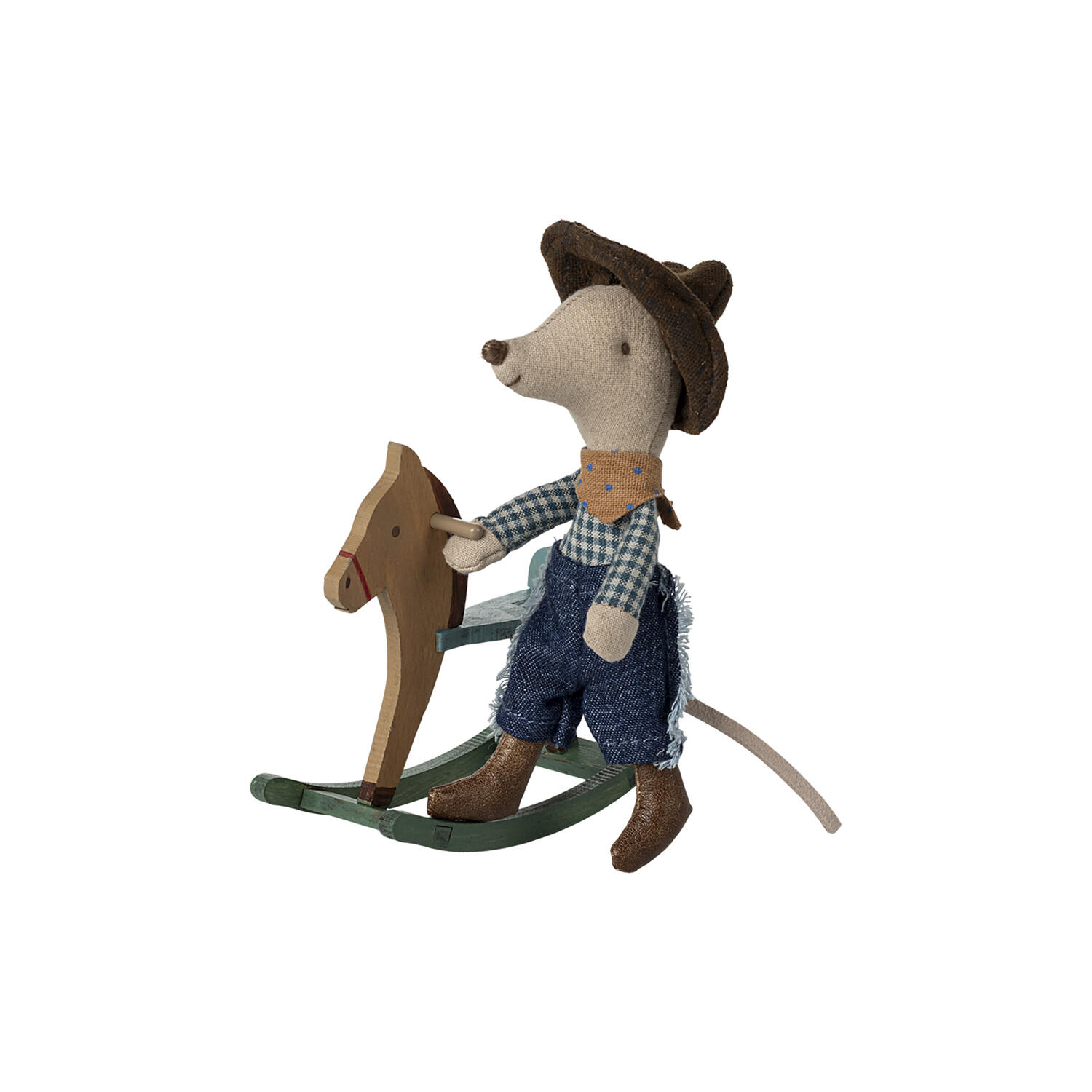 Lillebror cowboymus p&aring; gyngehest