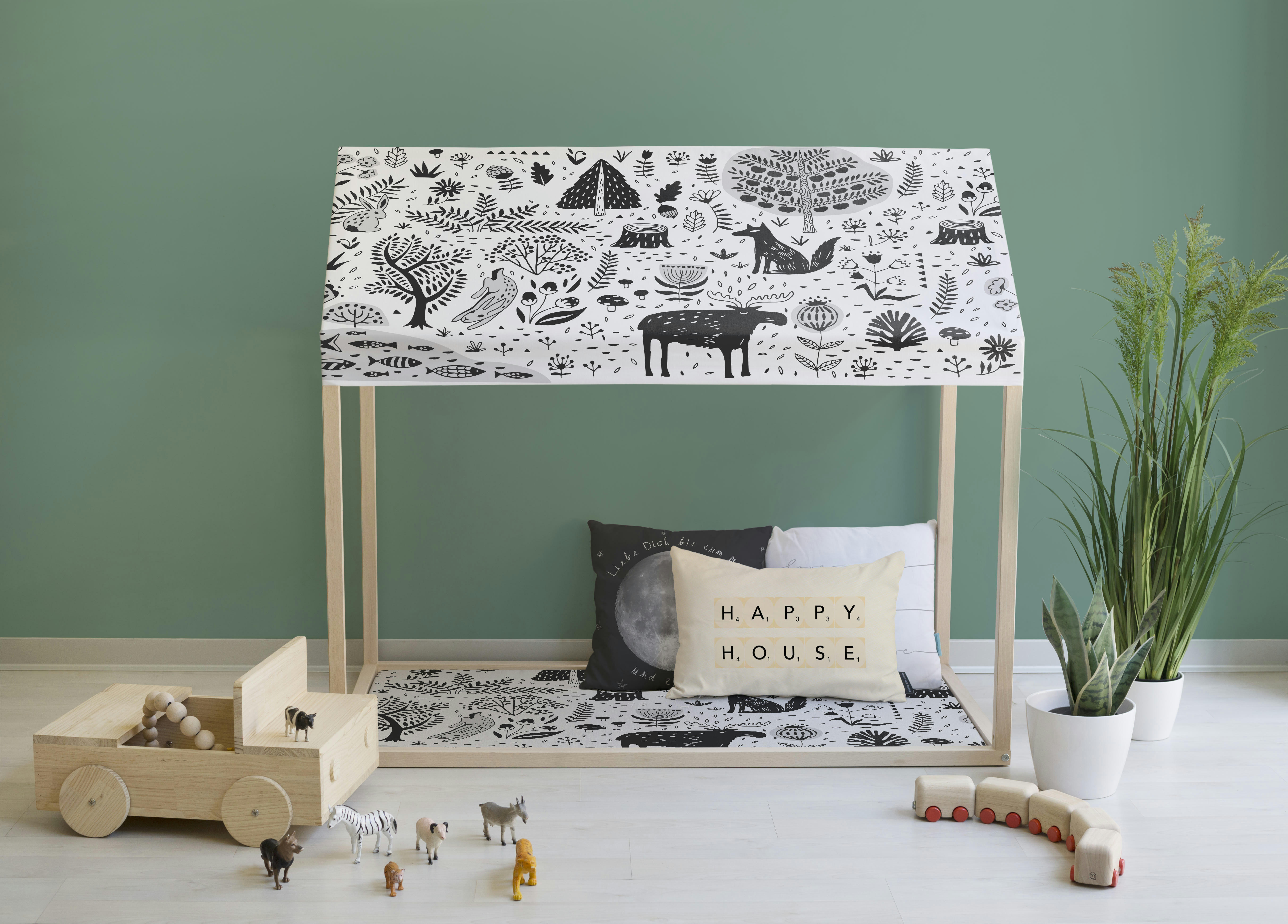 WOOD - Tipi pour enfants en bois de pin avec tissu dessins forêt