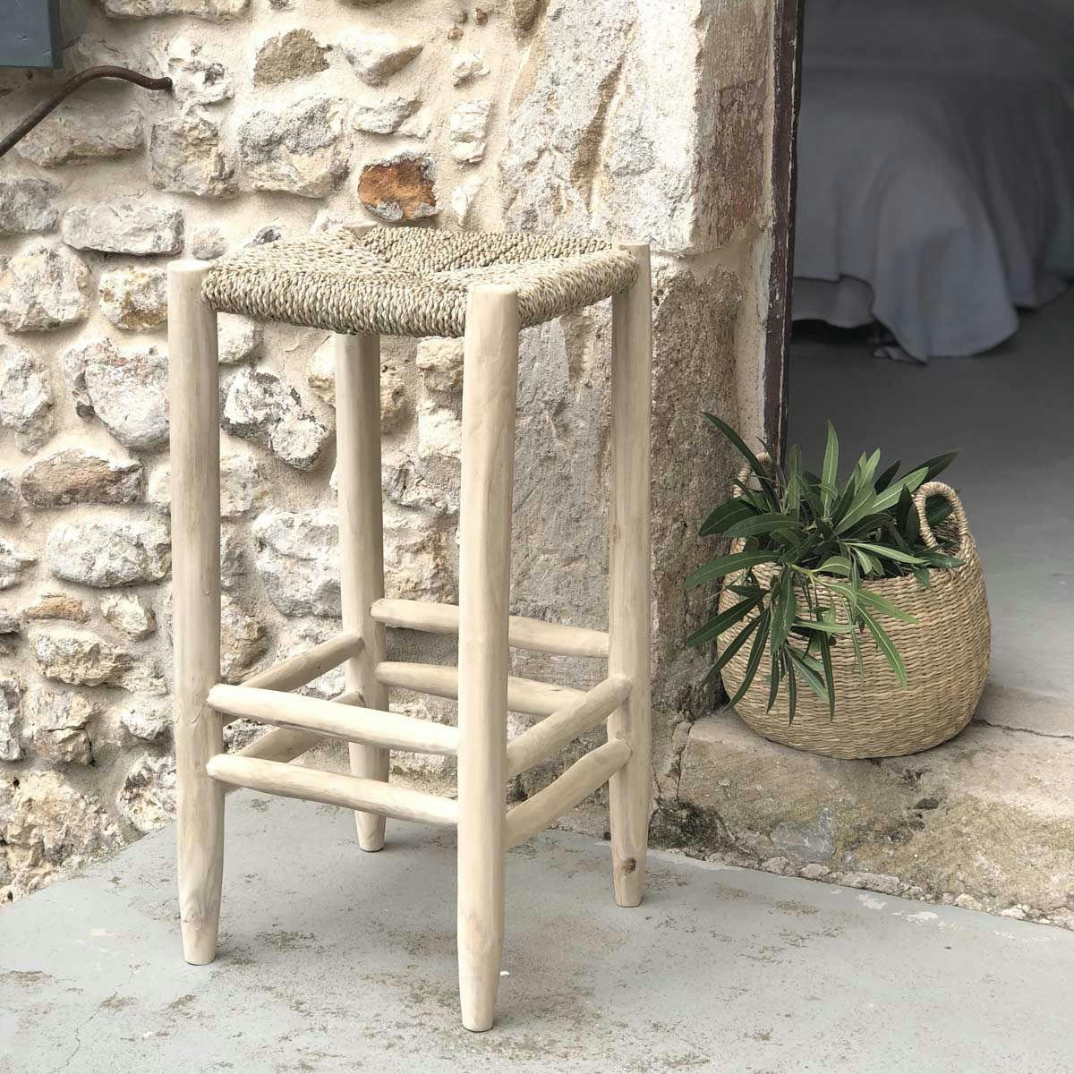 PEPPER - Tabouret bar en teck et jonc de mer