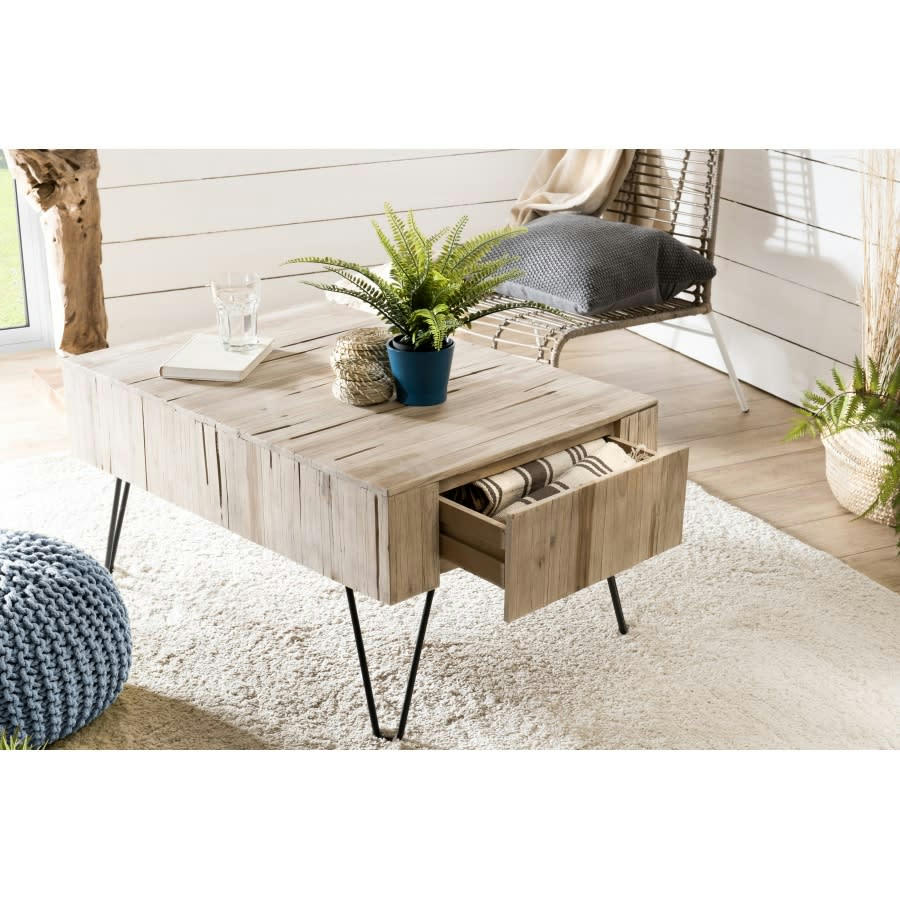 LALY - Table basse 2 tiroirs plateau en teck pieds épingles métal L90