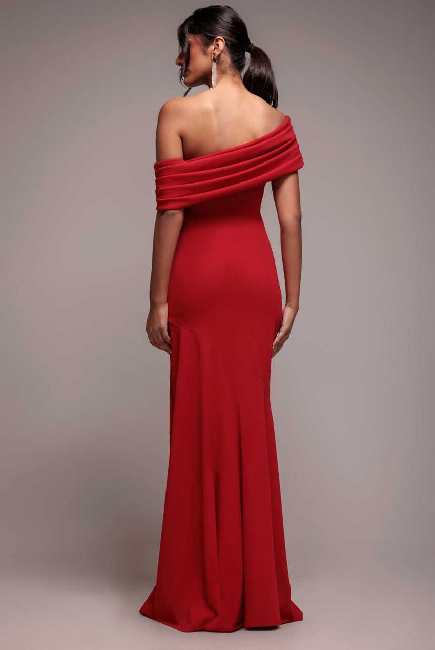 Goddiva Pleated One Shoulder Bardot Fit And Flare Maxi Dress