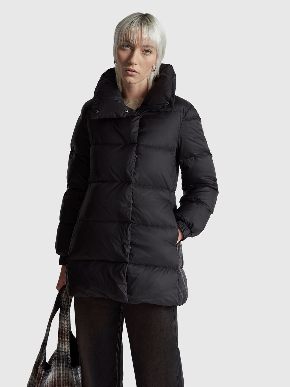 Long puffer jacket with recycled down