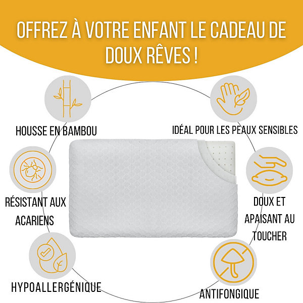 Lot de 2 oreillers enfant respirant en tissu de bambou 50x30x5,5 - INPHYSIO