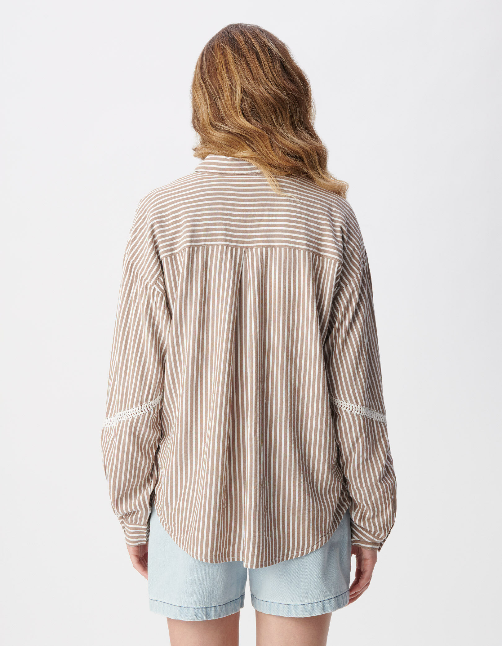 Chemise marron motif rayures galons dentelle Femme