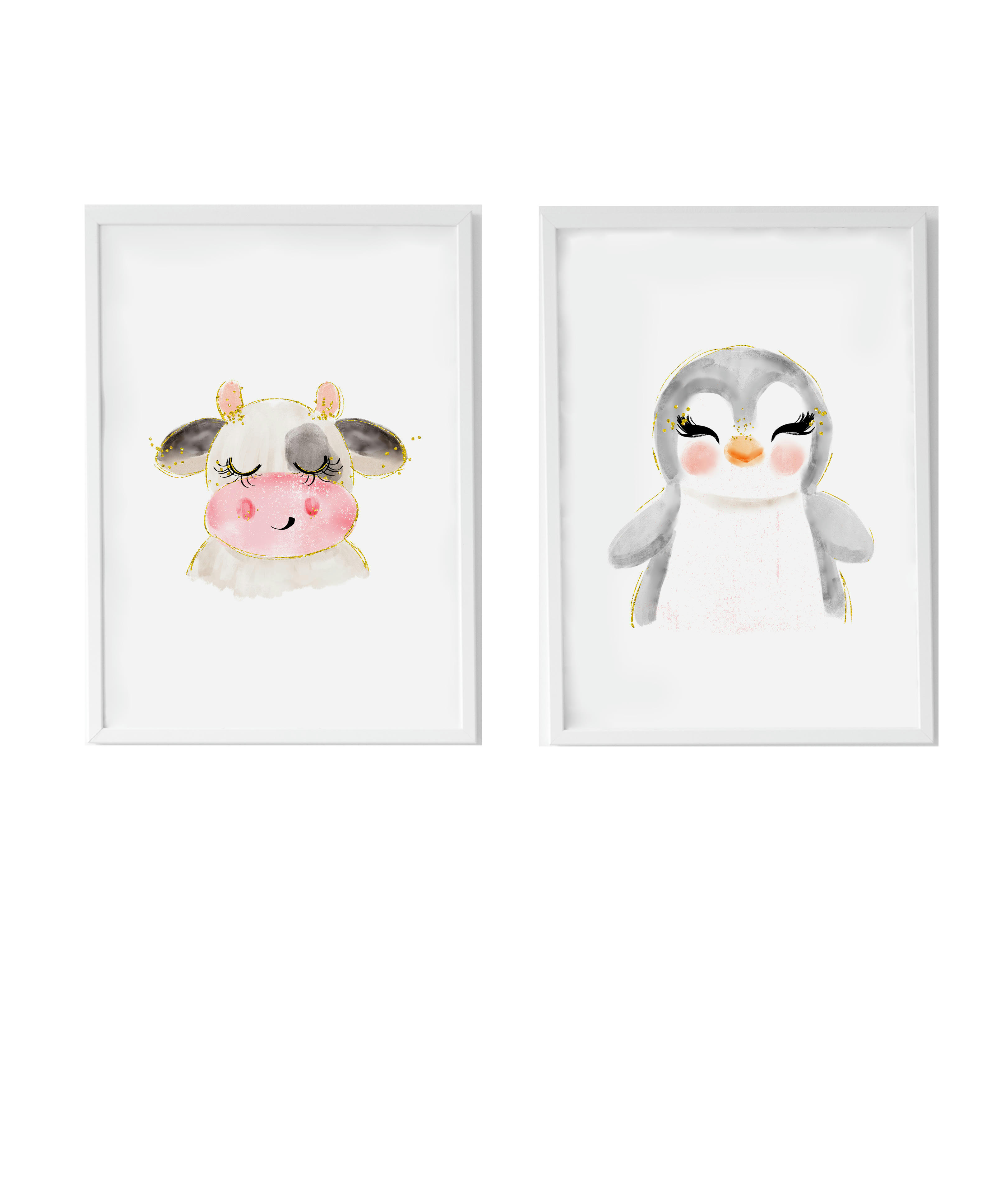 DECOWALL - Pack encadré bois blanc impression le vache et pingouin 43X33 cm
