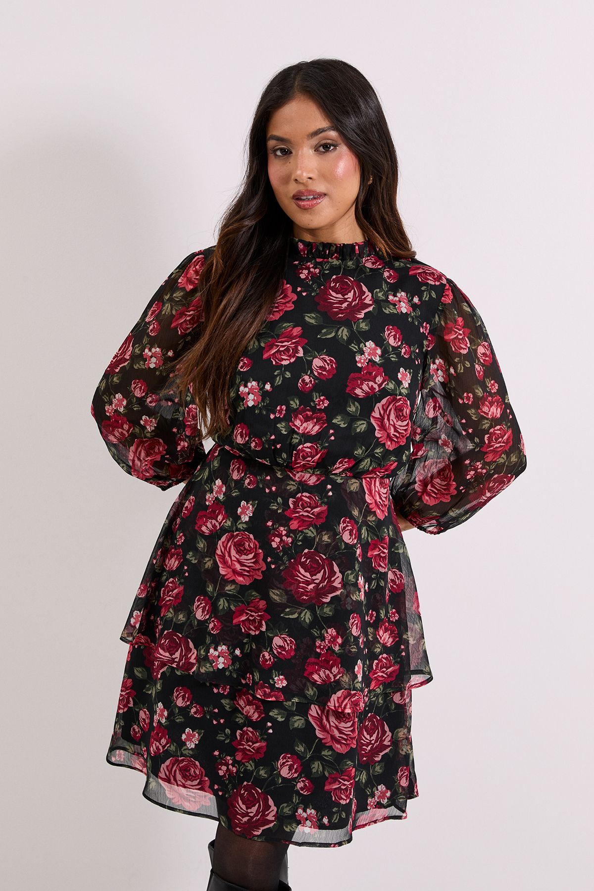 Dorothy Perkins Petite Floral Frill Neck Tiered Skirt Printed Mini Dress