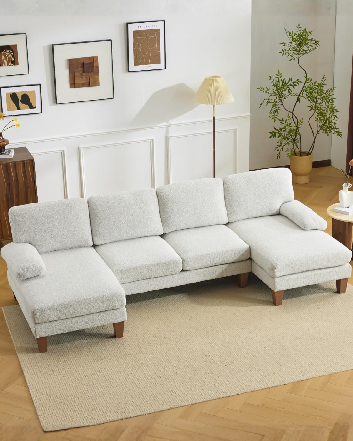 Karl home 110 U-Shape Sectional Couches for Living Room Chenille Upholstery 4 Seat Sofa Set with Double Chaises & Wood Grain Legs for Apartment, White