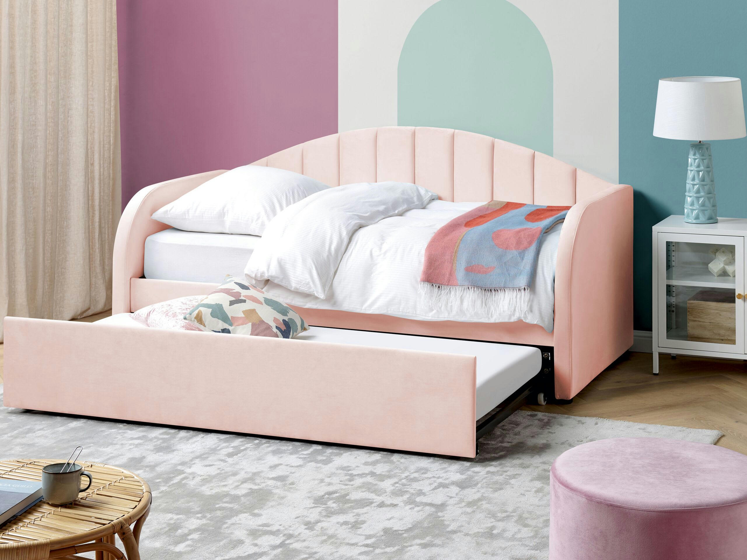 EYBURIE - Lit gigogne en tissu rose 90x200