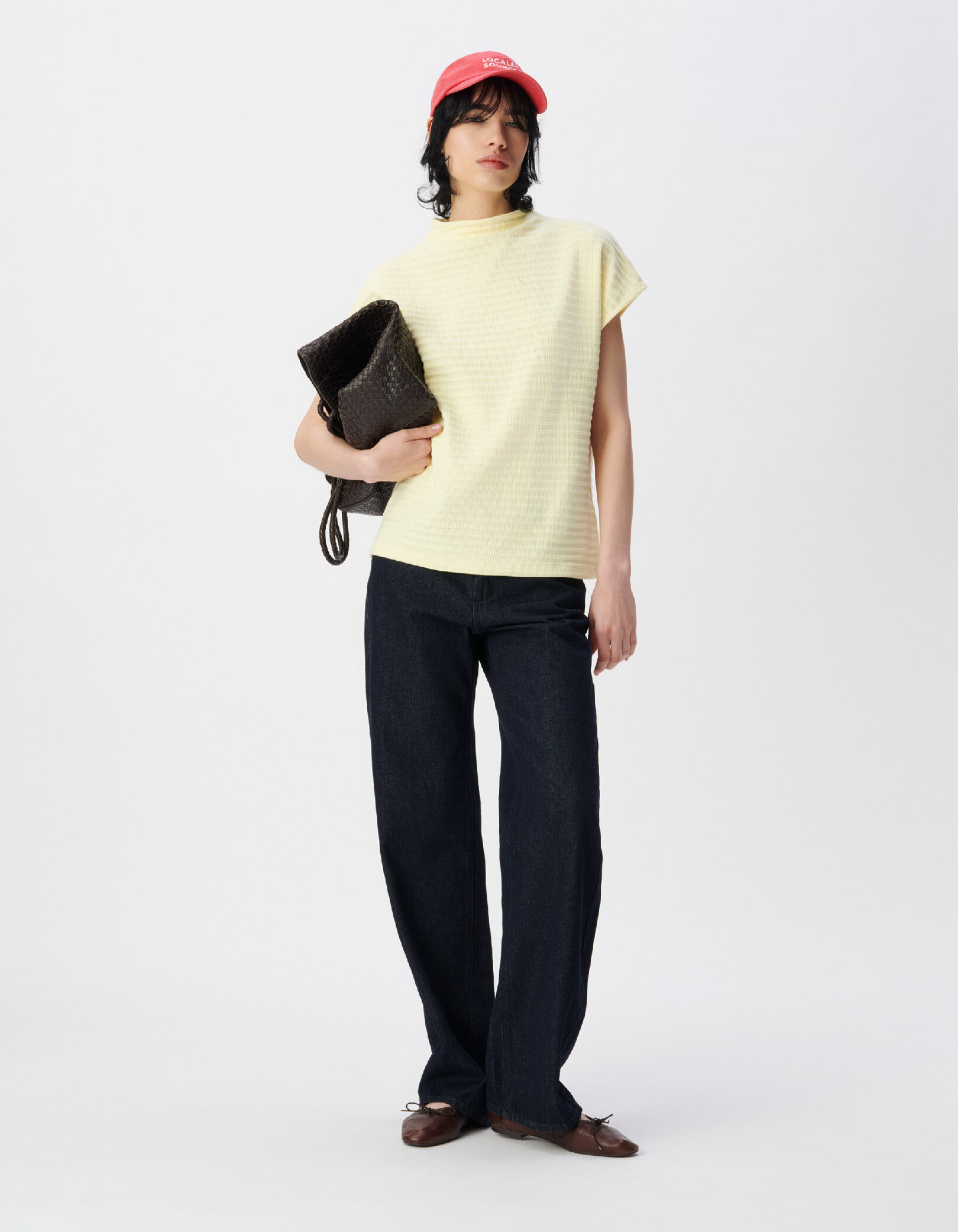 Tee-shirt col montant jaune maille relief Femme