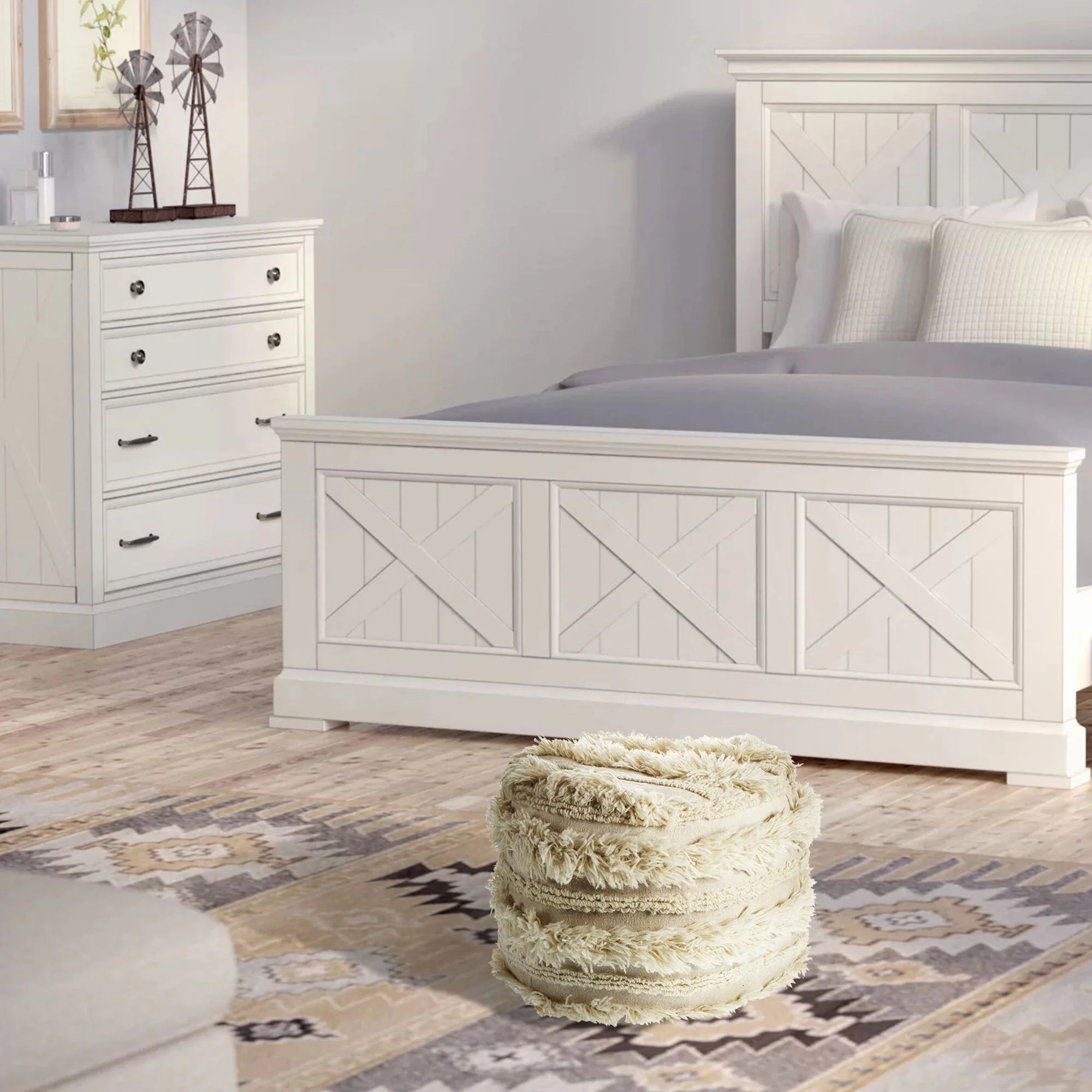 18 Beige and Ivory Faux Fur Hand Loomed Round Wool Pouf Ottoman