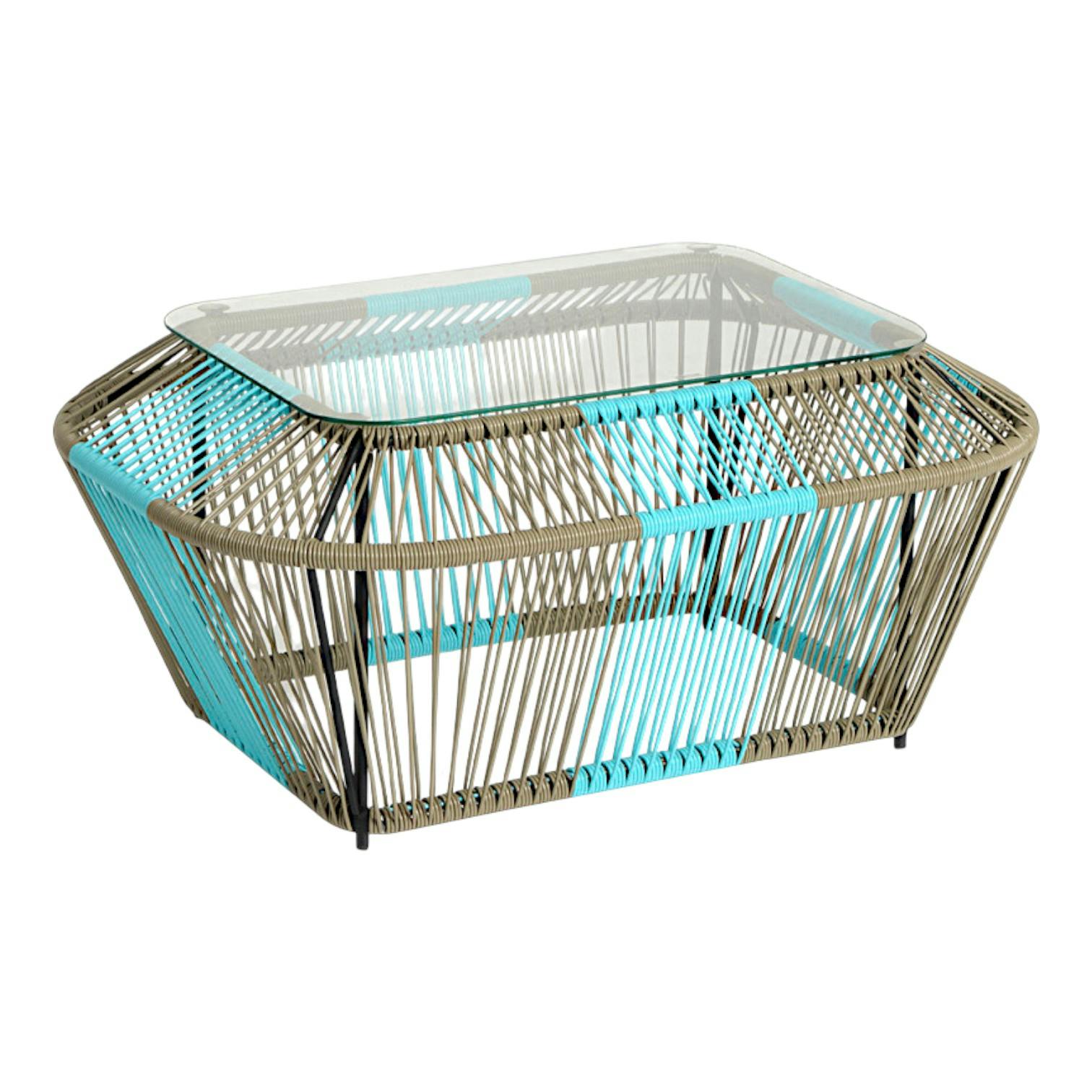 Table basse rectangulaire en métal et verre, turquoise et naturel 88x60x40cm