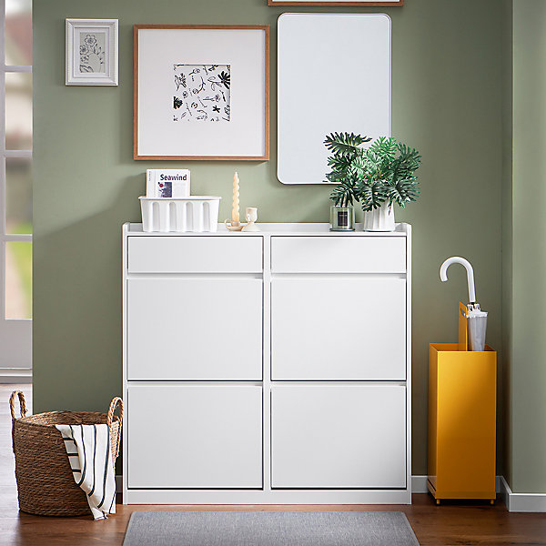 Meuble à Chaussures pour Petite Entrée Couloir, 2 Tiroirs et 4 Portes, FSR169-W, SoBuy