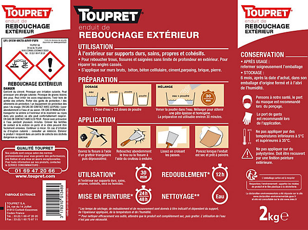 Enduit de rebouchage extérieur poudre gris Toupret 2kg