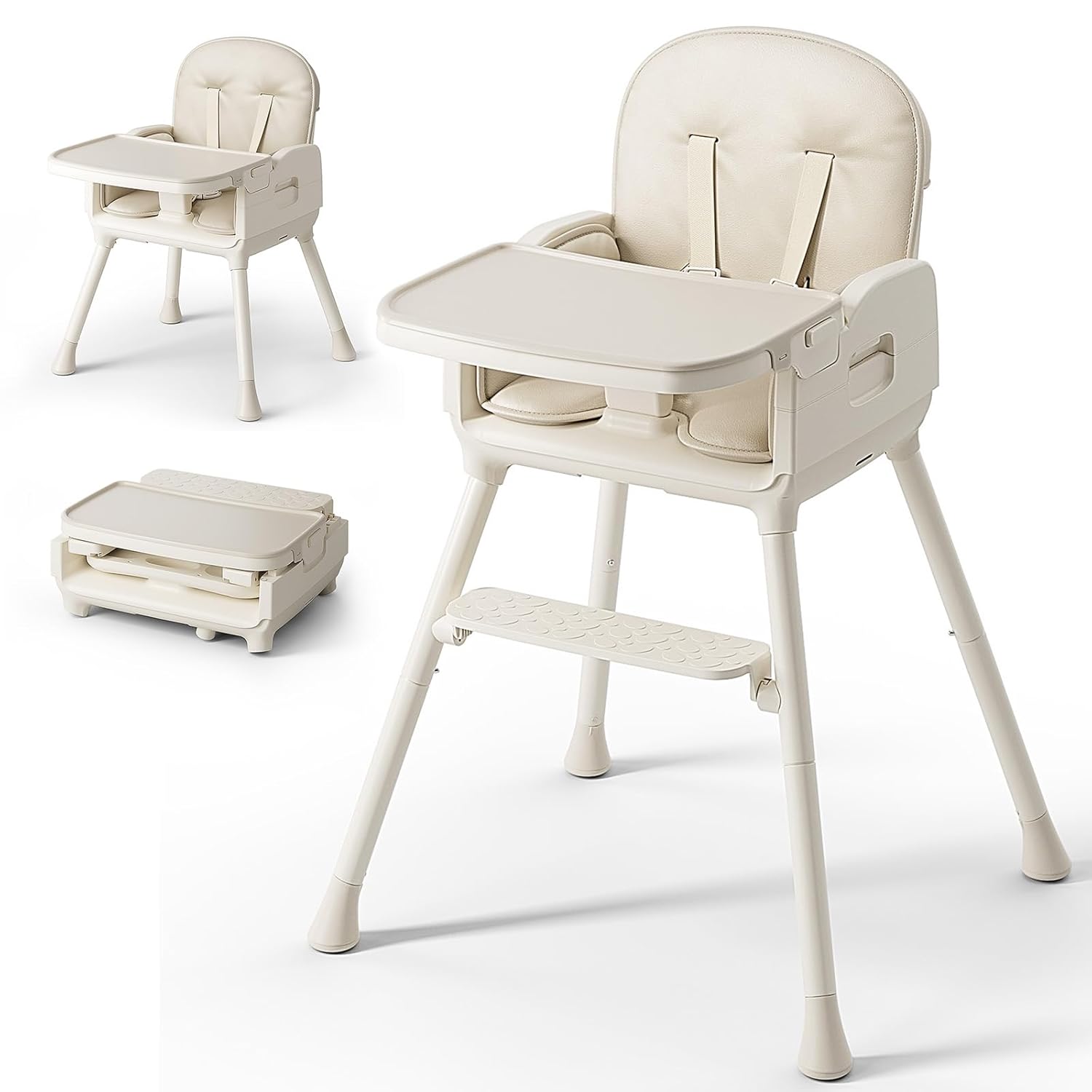 Obee Odee 3-in-1 Portable Baby High Chair for Babies and Toddlers, Convertible Easy Clean Infant Foldable Highchair with Adjustable Legs & Dishwasher Safe Tray, Beige