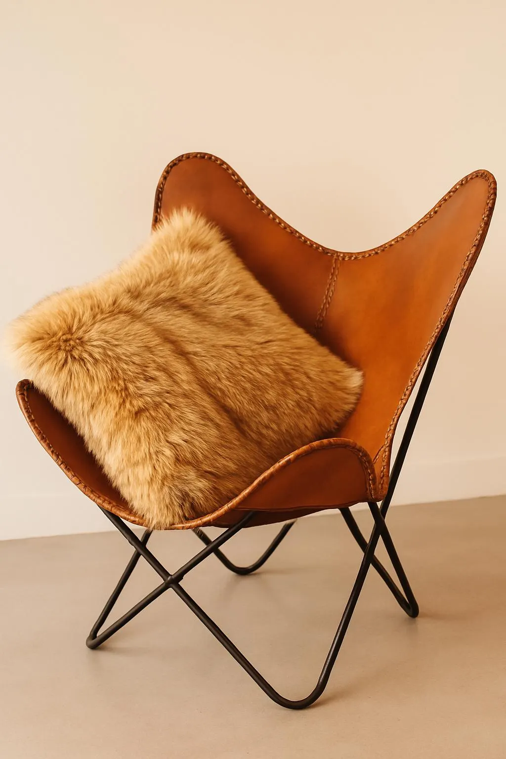 Set of 2 Tan Leather Butterfly Chairs – Retro Handmade Accent Seating