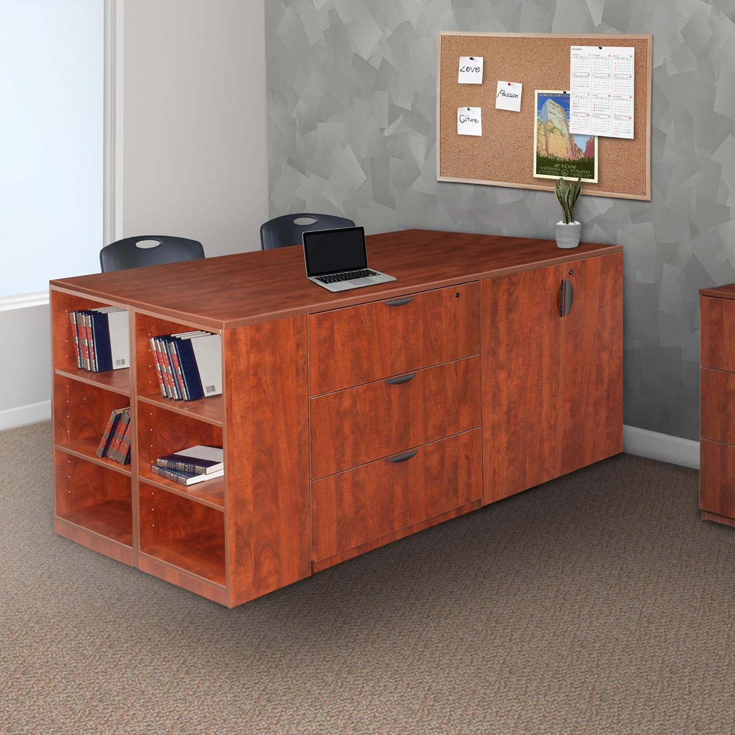 Regency Legacy Stand Up 2 Desk/Storage Cabinet/Lateral File Quad with Bookcase End- Cherry